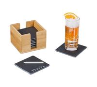Relaxdays Lot de 8 Dessous de Verre en Ardoise, Anthracite | avec boîte en bambou, support boissons, 10 x 10 cm
