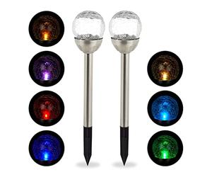 Relaxdays Lot de lampes solaires LED, Piquet, Décoration de jardin, Eclairage, Lot de 2, Changement de couleur, argenté