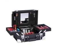 Relaxdays Mallette à maquillage, pour cosmétiques, vernis à ongle, miroir, HxLxP : 12,5 x 31 x 23 cm, vide, noir - blanc