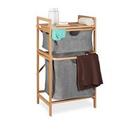 Relaxdays Meuble à linge, 2 paniers coulissants, surface de rangement, étagère en bambou, nature et gris
