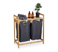 Relaxdays Meuble à linge, bambou, 2 sacs amovibles, surface pratique, HLP : 73x64x33 cm, salle de bain, nature et gris