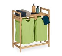 Relaxdays Meuble à linge, étagère pratique, 2 sacs amovibles, structure en bambou, HLP : 73x64x33 cm, nature et vert