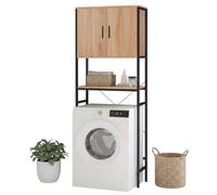 Relaxdays Meuble au-Dessus Lave-Linge, Naturel/Noir | étagères et portes pour sèche-linge/toilettes, 170×64,5×27 cm