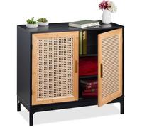 Relaxdays Meuble avec rotin tressé,HxLxP 76x80x39 cm,Commode Salon,2 Portes,MDF Bambou,Noir - Nature