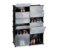 Relaxdays Meuble chaussures plastique étagère 12 casiers plug-in portes armoire rangement HxlxP: 125 x 94 x 37 cm, noir