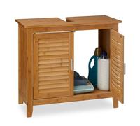 Relaxdays Meuble de dessous de lavabo LAMELL, 2 portes, évier de salle de bain, bambou & MDF, 60 x 67 x 30 cm, nature