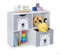 Relaxdays Meuble de rangement oursons, 2 tiroirs, 2 compartiments ouverts, H x L x P : 48 x 60 x 24,5 cm, blanc - gris