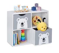 Relaxdays Meuble de Rangement oursons, 2 tiroirs, 2 Compartiments Ouverts, H x L x P : 48 x 60 x 24,5 cm, Blanc - Gris