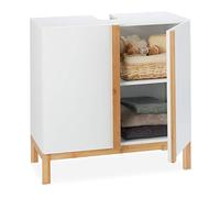 Relaxdays Meuble Dessous de Lavabo, Bambou, Meuble sous Vasque, Evier Salle de Bains, HxLxP 61 x 60 x 30cm, Blanc/Nature