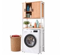 Relaxdays Meuble Lave-Linge, Blanc/Naturel | 3 compartiments, étagère sèche-linge/WC, H x L x P : 170 x 64 x 27 cm