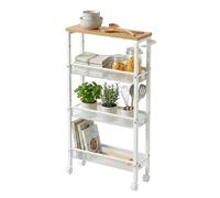 Relaxdays Meuble pour Niche, 77x13x45 cm, étagère étroite 4 Niveaux, roulettes, métal, sdb/Cuisine, Bois/Blanc