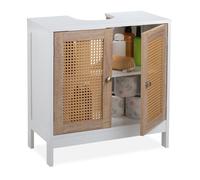 Relaxdays Meuble sous lavabo, 60 cm de large, 2 compartiments, espace tuyauterie, portes effet rotin, blanc/naturel