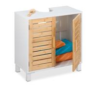 Relaxdays Meuble sous-lavabo avec 2 Portes, HxLxP : 60x60x32 cm, Bambou & MDF, Rangement Salle de Bain, Blanc - Nature