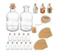 Relaxdays Mini Bouteilles, Lot de 16, Petites fioles, Bouchon de liège, 125ml, à remplir, étiquettes, Transparent/Nature