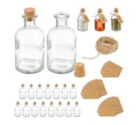Relaxdays mini bouteilles, lot de 20, petites fioles, bouchon de liège, 125ml, à remplir, étiquettes, transparent/nature