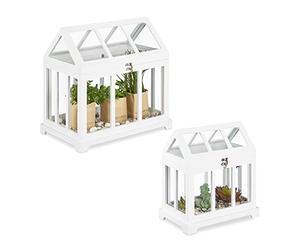 Relaxdays Mini Serre intérieur, Lot de 2, pour Le Rebord de fenêtre, en Verre et MDF, Herbes, Fleurs, 2 Tailles, Blanc