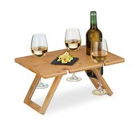 Relaxdays Mini-Table portative, Pliable, HxLxP : 20x40x30 cm, Encoche 4 Verres de vin et 1 Bouteille, Bambou, Nature