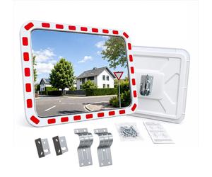 Relaxdays, miroir de sécurité pour zones de circulation, 60x80 cm, avec support en tube, bordure réfléchissante, pour extérieur, miroir de sécurité angulaire, blanc/rouge