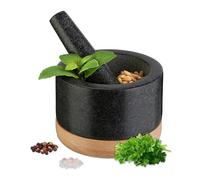Relaxdays Mortier avec pilon, en granite, support en bois, dimensions du mortier seul H x D : 8,5 x 14 cm, noir & nature