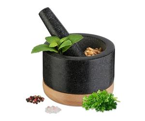 Relaxdays Mortier avec pilon, en granite, support en bois, dimensions du mortier seul H x D : 8,5 x 14 cm, noir & nature