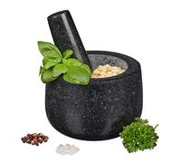 Relaxdays Mortier en granit avec pilon, robuste, pour épices, herbes, mortier en pierre polie, d. 12 cm, 300 ml, gris