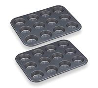 Relaxdays Moule muffin, lot de 2, plaques de 12, revêtement antiadhésif, acier au carbone, cupcakes, Ø 6,5 cm, gris