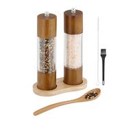 Relaxdays Moulin à sel et Poivre, Lot de 2, Manuel, Support, broyeur en céramique, Bois, Acrylique, Marron/Transparent