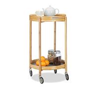 Relaxdays, nature Desserte de cuisine bambou chariot à roulettes rond plateau de service 2 niveaux 80 cm de haut, gris, 49 x 49 x 78,5 cm
