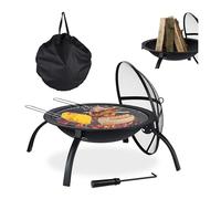Brasero Relaxdays XL, avec sac de transport, grille de cuisson, tisonnier, couvercle pare-étincelles, jardin, terrasse, diamètre 56,5 cm, noir