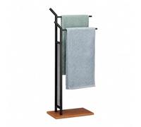 Relaxdays, noir Porte pied, Support pour serviettes de bain 2 barres fer aspect bois, 88 x 40 x 20 cm, MDF