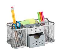 Relaxdays Organiseur Bureau, Rangement avec Porte-stylos & tiroir, métal, H x L x P : 10 x 23,5 x 11,5 cm, argenté