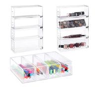 Relaxdays Organiseur cosmétique Acrylique, Lot de 3, HLP: 6 x 25 x 17,5 cm, Horizontal ou Vertical, tiroirs, Transparent