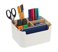 Relaxdays Organiseur de Bureau, 5 Compartiments, Plastique et Bois, Moderne, HxLxP : 9,5 x 18 x 15 cm, Blanc