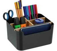 Relaxdays Organiseur De Bureau, 5 Compartiments, Plastique Et Bois, Moderne, Hxlxp : 9,5 X 18 X 15 Cm, Noir