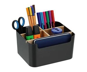 Relaxdays Organiseur de Bureau, 5 Compartiments, Plastique et Bois, Moderne, HxLxP : 9,5 x 18 x 15 cm, Noir