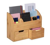 Relaxdays Organiseur de Bureau, 6 Compartiments, 2 tiroirs, Fournitures, Bambou, Rangement, 26 x 33 x 13,5 cm, Nature