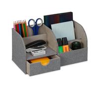 Relaxdays Organiseur de Bureau, tiroir et 6 espaces de Rangement, Aspect Lin, HxLxP : 14,5x28x14,5 cm, décoratif, Gris