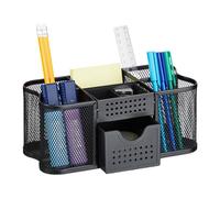 Relaxdays Organiseur Bureau, Rangement avec Porte-stylos & tiroir, métal, H x L x P : 10 x 23,5 x 11,5 cm, Noir