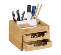 Relaxdays Organiseur de bureau en bambou - Porte-stylos 2 tiroirs 9,5×12,5×15 cm nature