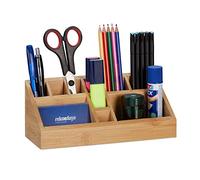 Relaxdays Organiseur de Bureau, Porte-stylos en Bambou carré, 10 Compartiments, Design Moderne, 9,5 x 23 x 9 cm, Nature