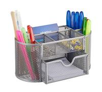 Relaxdays Organiseur de bureau porte-stylos porte-cartes de visite porte bloc-notes tiroir maille métal HxlxP: 10,5 x 22 x 11 cm, argent