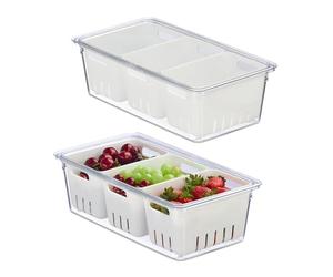 Relaxdays Organiseur de frigo, lot 2, 3x corbeilles, pour vos aliments, avec couvercle, transparent et blanc