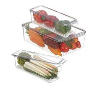 Relaxdays Organiseur frigo, en Lot de 3, 2 Dimensions différentes, Couvercle pour Chaque, Transparent et Blanc