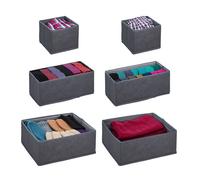 Relaxdays Organiseurs de tiroirs, 6 boîtes de rangement pour l’armoire, le dressing, etc, pliables, 3 tailles, gris