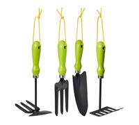Relaxdays Outillage de jardin, jeu de 4 pièces, truelle à fleurs, serfouettes, jeu d’outils pour plantes, en fer, vert