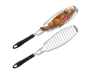 Relaxdays Panier à brochettes en Lot de 2, Acier INOX, argenté | manche en caoutchouc, 58,5 cm de long, pour grillades