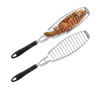 Relaxdays Panier à brochettes en Lot de 2, Acier INOX, Manche en Caoutchouc, 58,5 cm de Long, pour grillades, argenté