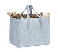 Relaxdays Panier à bûches de bois en feutre, HxlxP: 34,5 x 43 x 36,5 cm, 2 poignées, pliable, porte-revues, gris