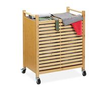 Relaxdays Panier à Linge, 2 bacs de 28 L, Corbeille trieuse sur roulettes, HxLxP : 66,5x54x35 cm, Bambou, Nature/Gris