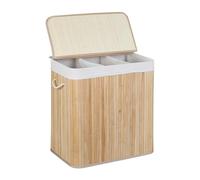 Relaxdays Panier à Linge, 3 Compartiments, Couvercle, trieur rectangulaire, HxLxP: 62x62,5x42,5 cm, Bambou, Nature-Blanc